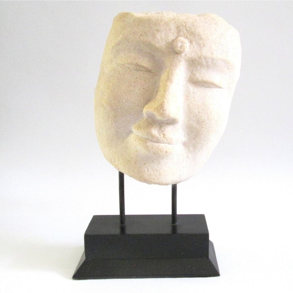 Sandstone Partial Buddha Face Sculpture On Wood Base New Age Meditation Figure